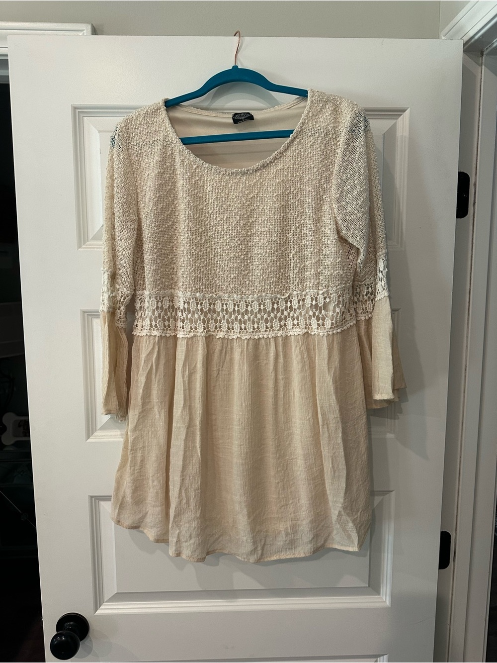 Boho Lace-Trim Cream Tunic Top L